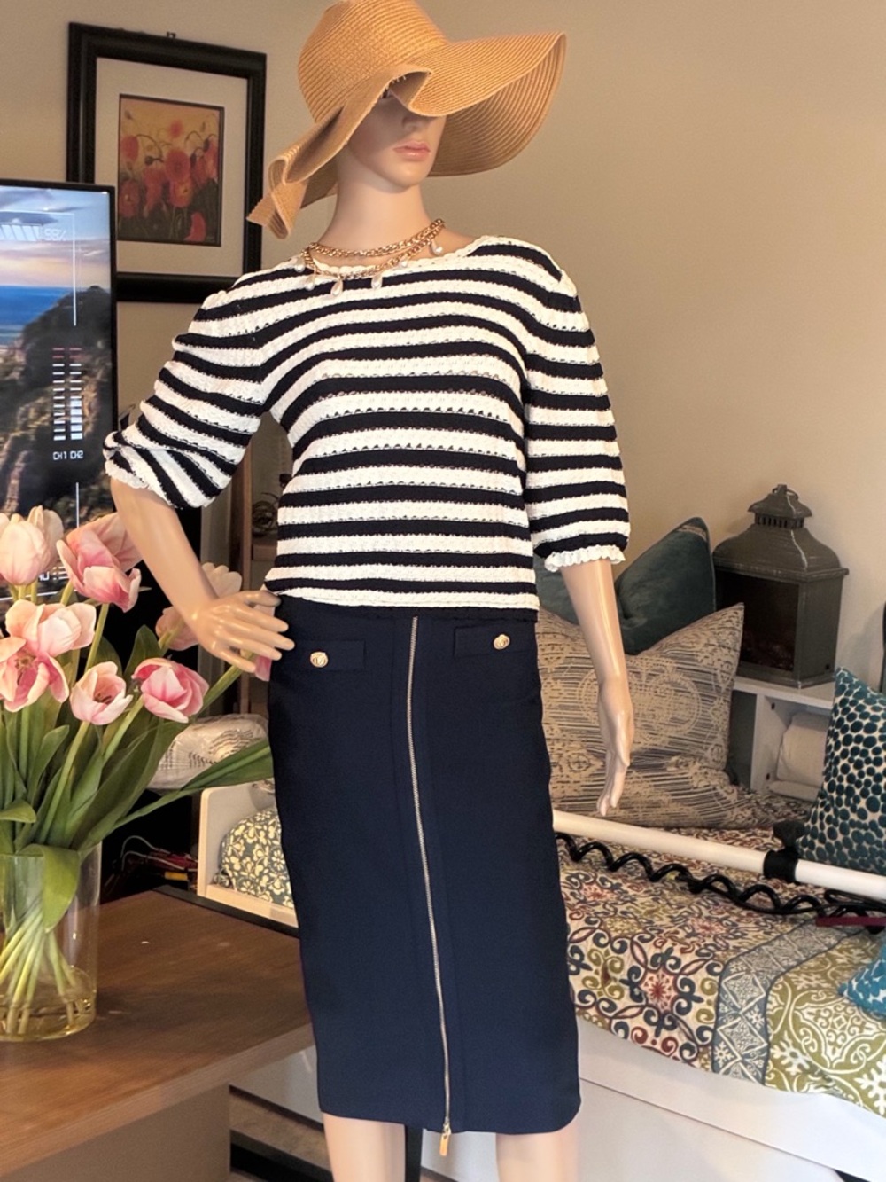 Maje Navy & White Striped Crochet Knit Top Size 1 Fits S/M EUC